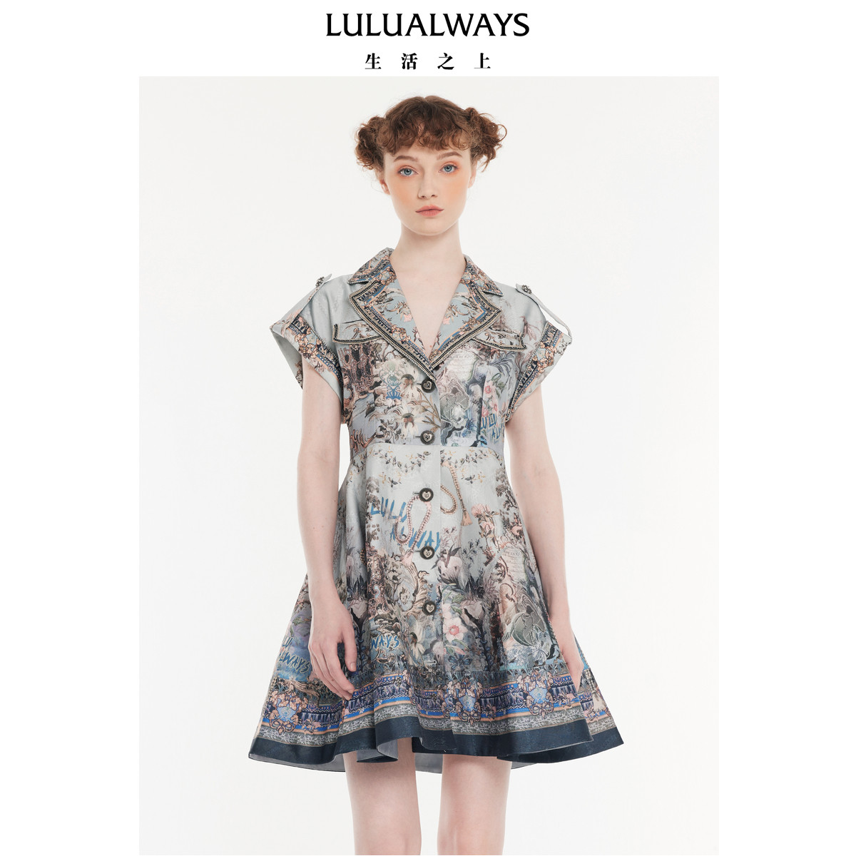 LULUALWAYS【商场同款】秋季新款西装领单排扣泡泡提花连衣裙女,女装/女士精品,连衣裙,淘宝优惠券,粉丝福利购,淘宝优惠卷