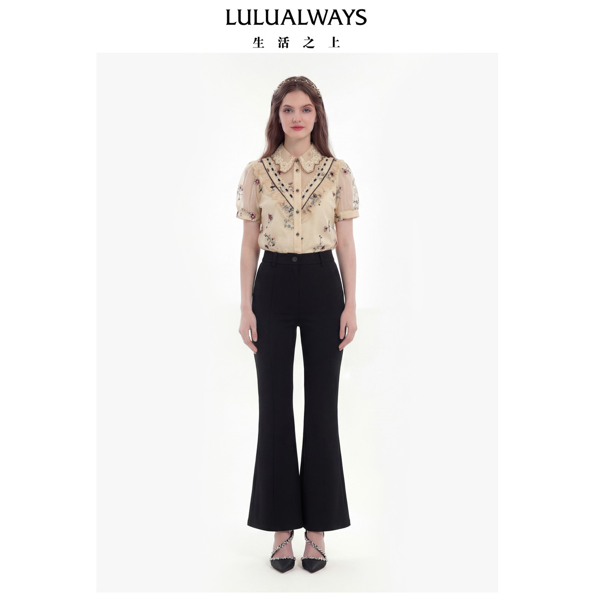 LULUALWAYS26夏季优雅气质高腰微喇西装裤黑色裤