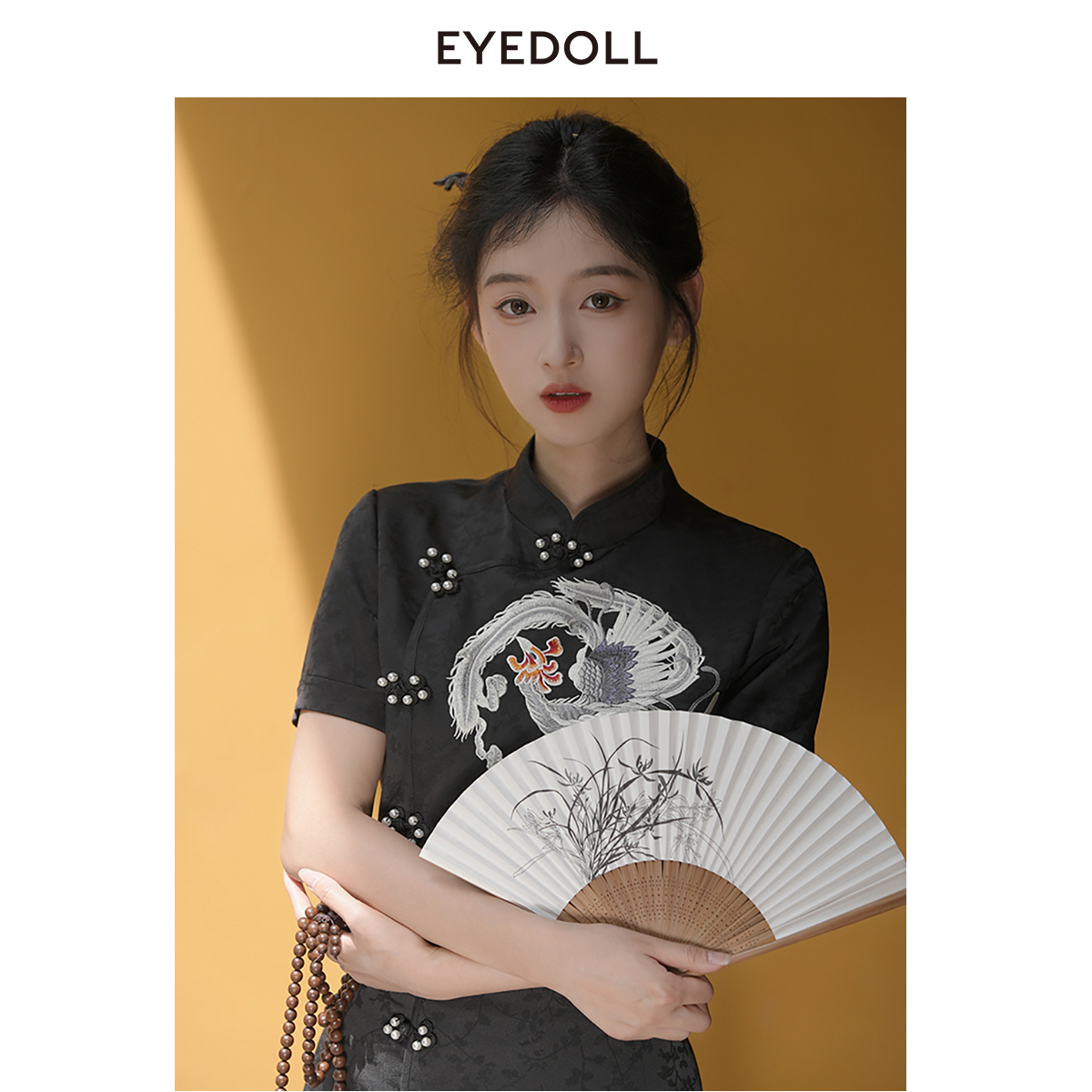 EYEDOLL夏季新款手工盘扣新中式暗纹提花短款衬衫