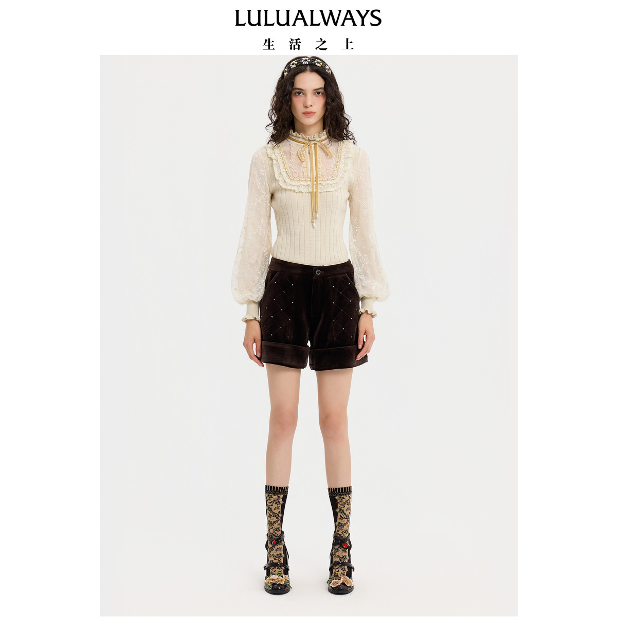 LULUALWAYS【商场同款】冬季新款温柔风蕾丝拼接毛衣针织套头衫