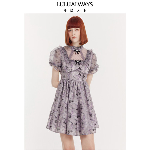 LULUALWAYS我爱露露夏季新款法式复古蝴蝶结泡泡袖短款连衣裙