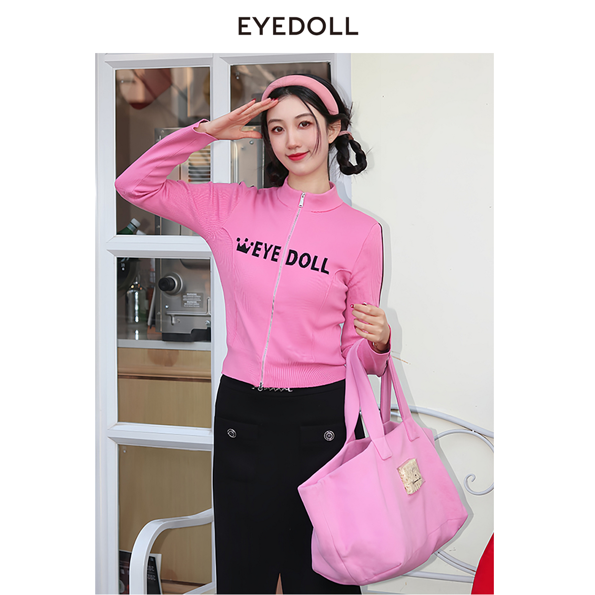 EYEDOLL新款简约可露丽休闲时尚短款立领拉链针织衫