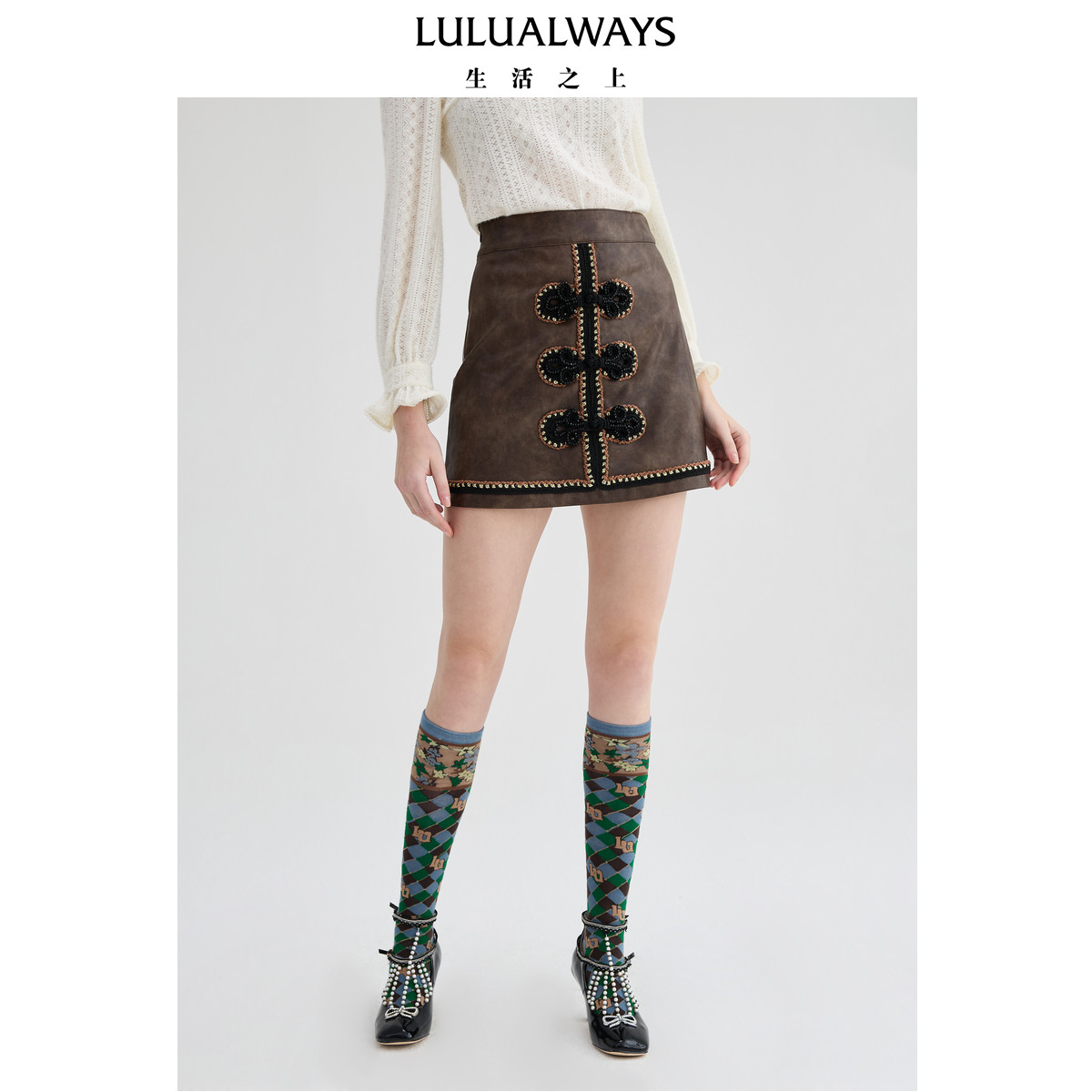 LULUALWAYS【商场同款】冬季新款复古简约百搭短款半身裙皮裙女