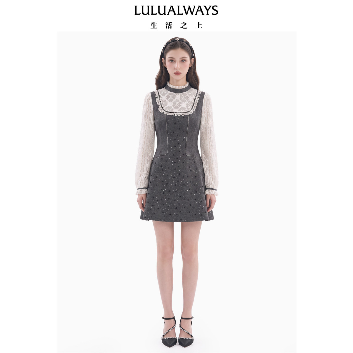LULUALWAYS我爱露露26冬季新款复古学院风蕾丝长袖花边领连衣裙