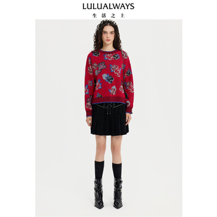 LULUALWAYS我爱露露25冬季 复古圆领宽松内搭女士红色套头毛衣 新款