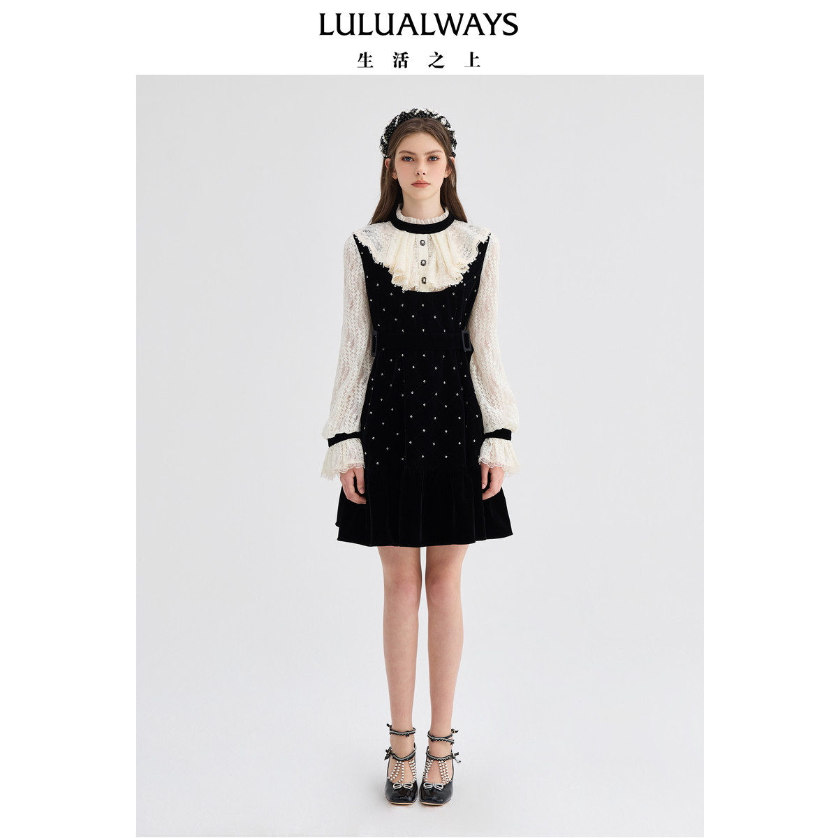 LULUALWAYS【商场同款】冬季新款气质优雅重工收腰平绒长袖裙子女