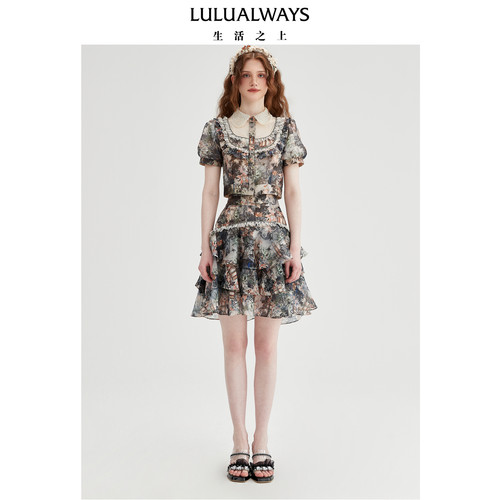 LULUALWAYS【商场同款】复古甜美蕾丝拼接娃娃领上衣女