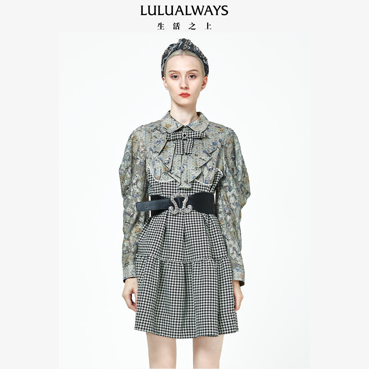 LULUALWAYS我爱露露淑女印花千鸟格面料收腰连衣裙显瘦长袖