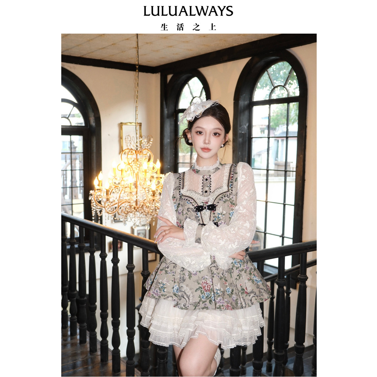 LULUALWAYS【商场同款】26秋季新款复古宫廷蕾丝蝴蝶结收腰连衣裙