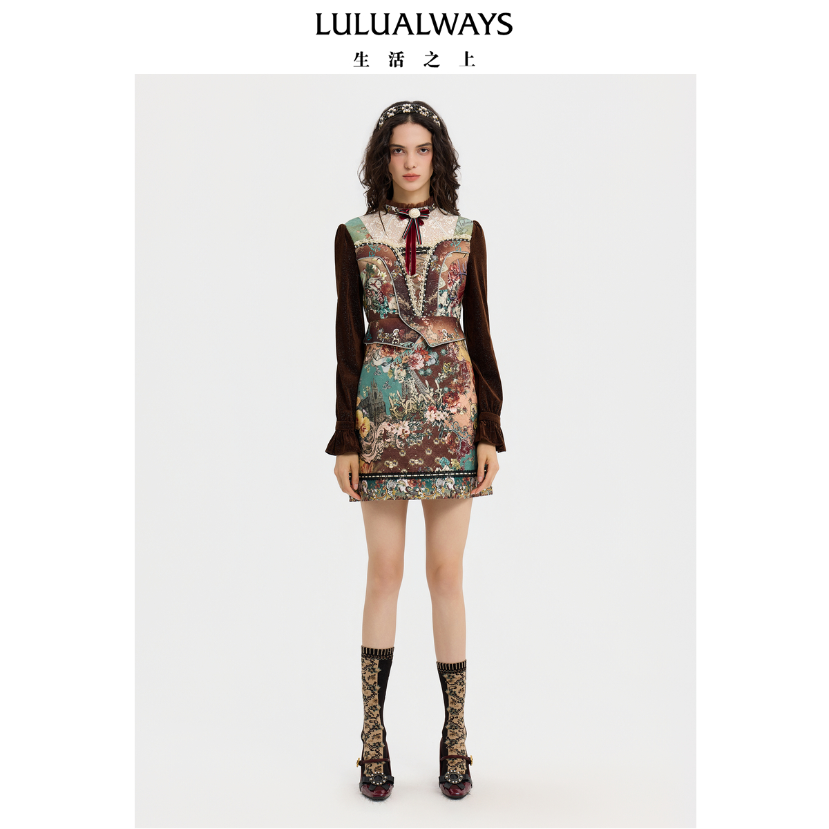 LULUALWAYS【商场同款】25冬季新款法式浪漫风提花蕾丝拼接连衣裙