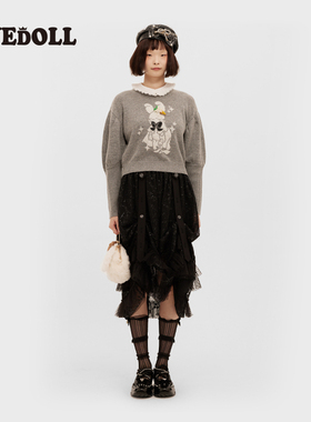 EYEDOLL 简约可爱卡通提花浅灰色宽松百搭针织上衣长袖毛衣长T恤