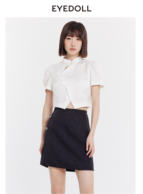 EYEDOLL夏季新款百搭新中式盘扣短款白色短袖衬衫