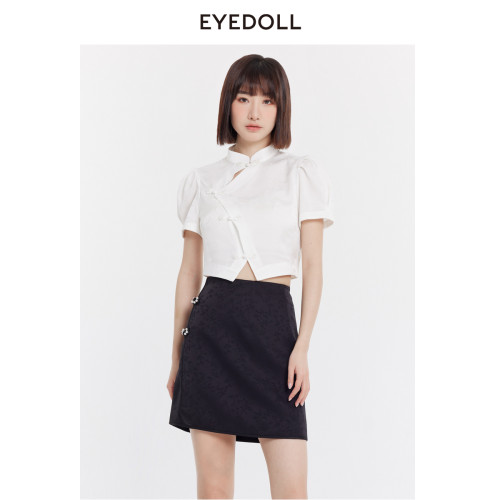 EYEDOLL夏季新款百搭新中式盘扣短款白色短袖衬衫