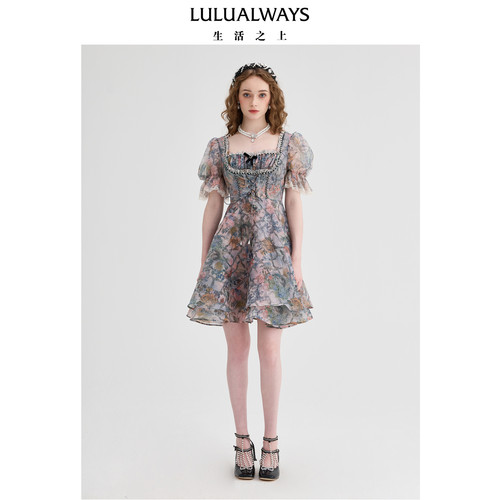 LULUALWAYS【商场同款】法式盐甜系高腰方领显瘦短款公主风连衣裙