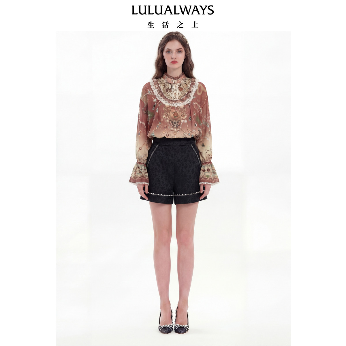 LULUALWAYS【商场同款】26春季新款浪漫度假风蕾丝边印花雪纺上衣
