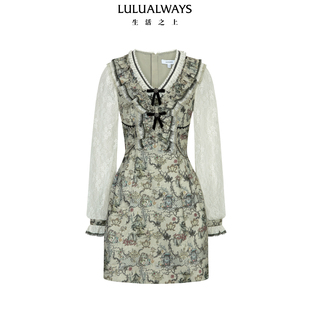 LULUALWAYS我爱露露26春季新款复古宫廷风蝴蝶结提花短款连衣裙