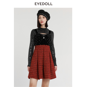 EYEDOLL新款名媛蝴蝶结撞色小香风吊带连衣裙