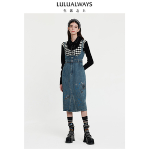 LULUALWAYS我爱露露新款高腰显瘦蓝色牛仔背带连衣裙