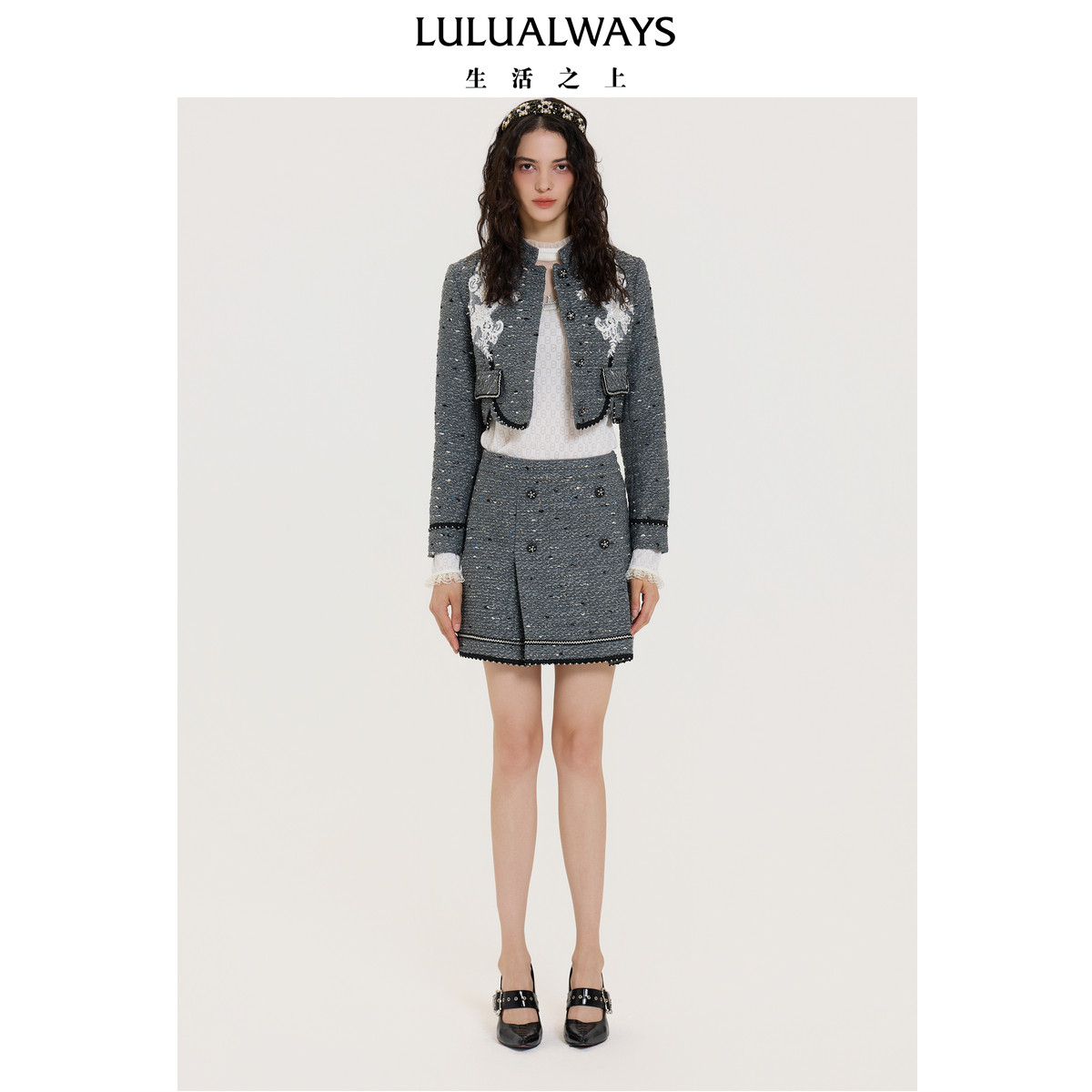 LULUALWAYS【商场同款】秋季新款浪漫小香风蕾丝花朵刺绣短外套