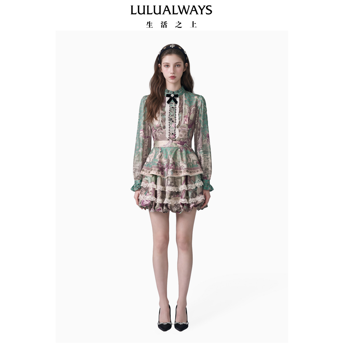 LULUALWAYS【商场同款】26冬季新款宫廷风蕾丝蛋糕花苞短款连衣裙
