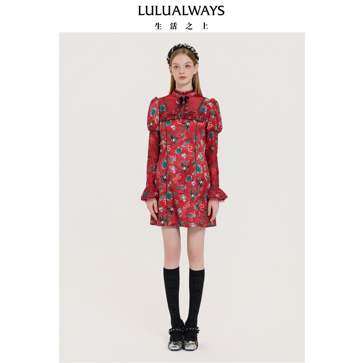 LULUALWAYS我爱露露25冬季新款华丽【盛世玫瑰】收腰短款女连衣裙