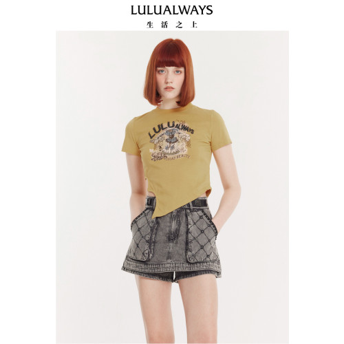 LULUALWAYS我爱露露夏季时尚设计感修身圆领短款T恤女