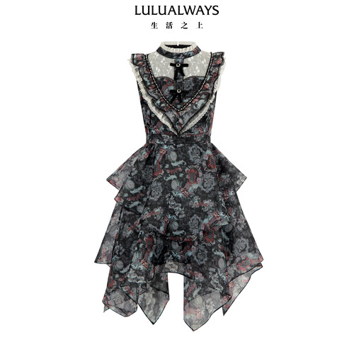 LULUALWAYS【商场同款】复古风飘逸不规则欧根纱连衣裙