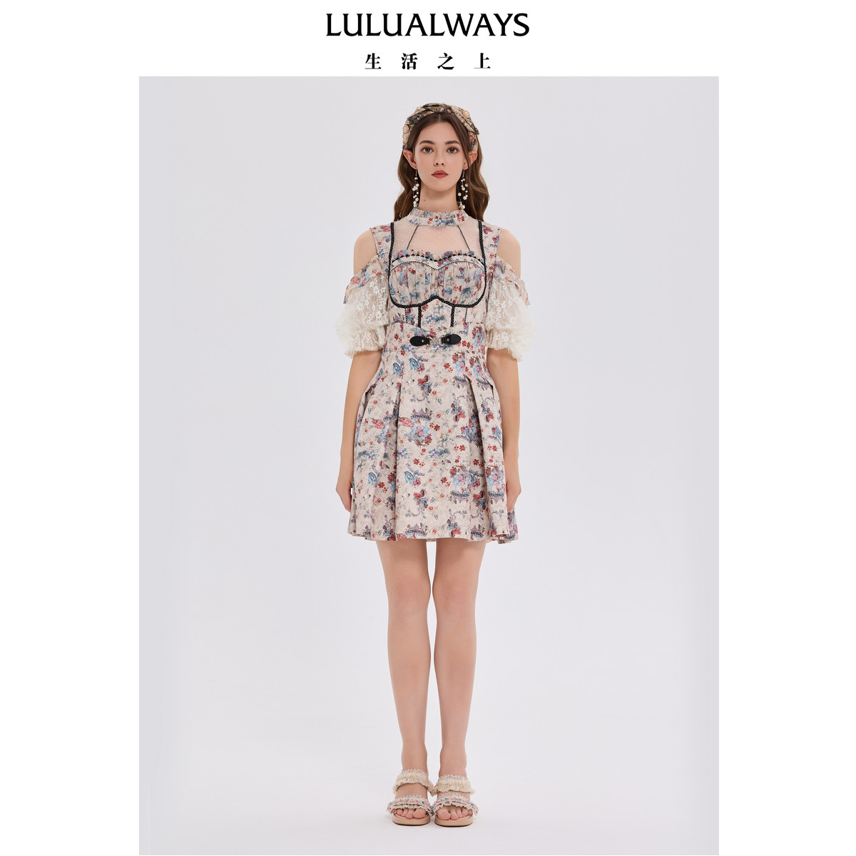 LULUALWAYS【商场同款】复古宫廷风柔美网纱拼接连衣裙