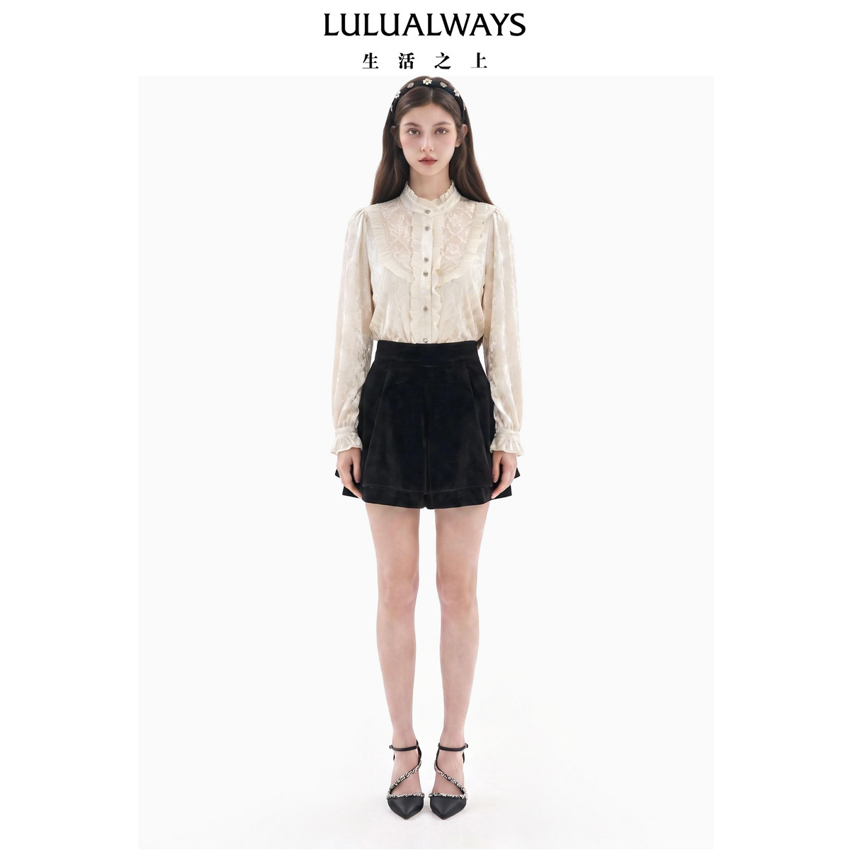 LULUALWAYS【商场同款】26冬季新款法式复古木耳边立领蕾丝上衣