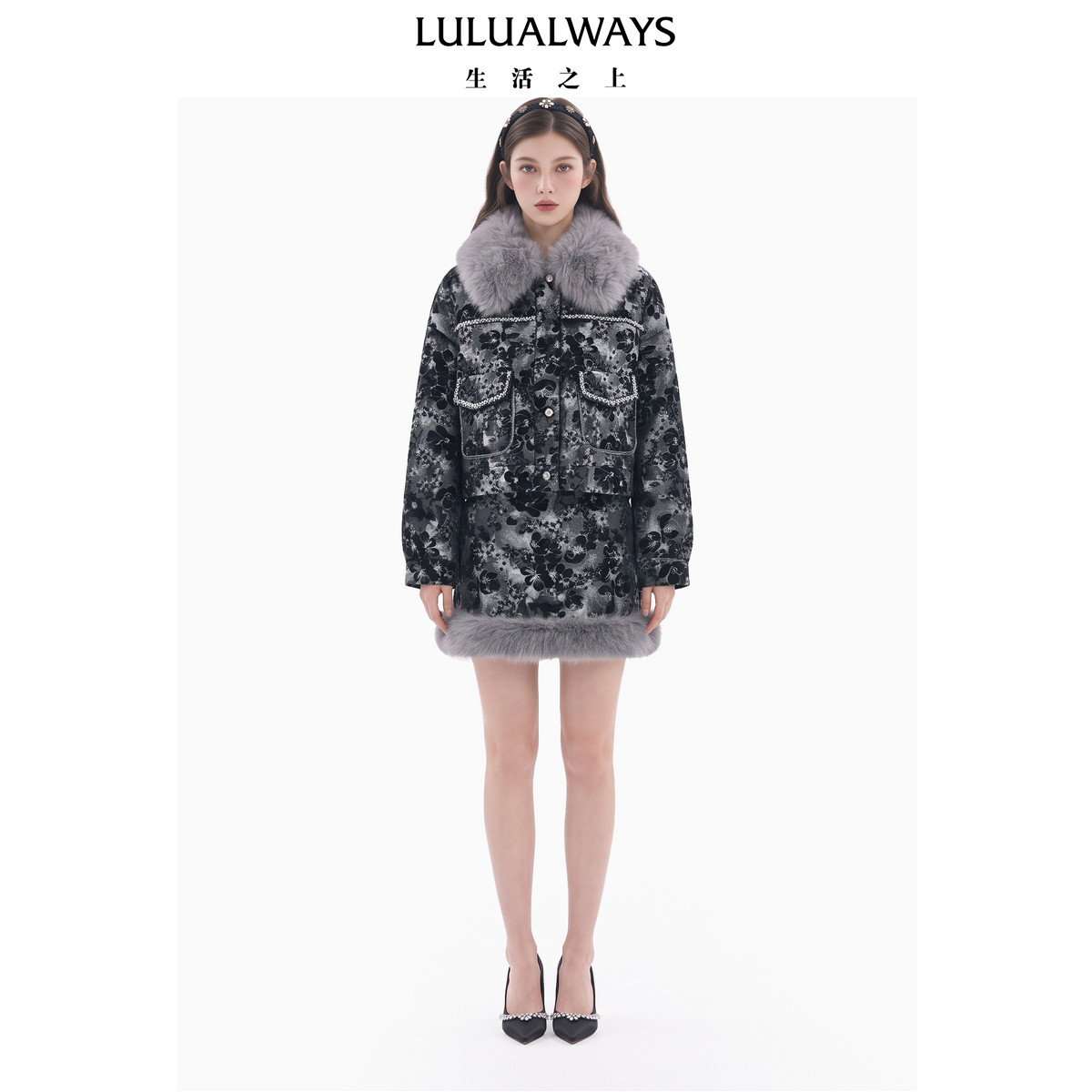 LULUALWAYS我爱露露26冬季新款新中式水墨花卉提花灰大毛领短外套