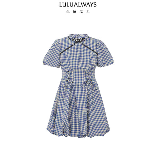 LULUALWAYS【商场同款】秋季新款气质优雅甜美蓝色格子连衣裙女