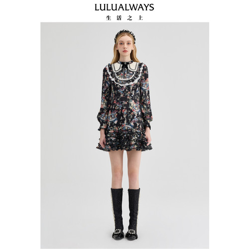 LULUALWAYS【商场同款】冬季新款复古宫廷风洋气花边印花蛋糕裙