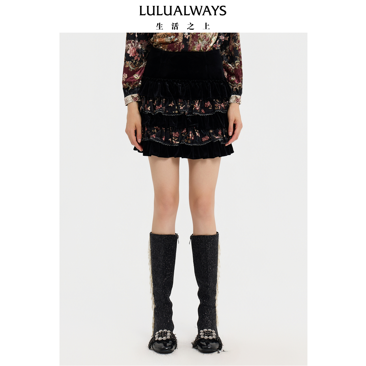 LULUALWAYS【商场同款】25冬季新款宫廷俏皮甜美蛋糕裙荷叶边半裙