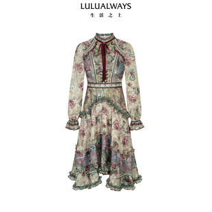 LULUALWAYS【商场同款】26春季新款法式浪漫木耳领收腰长款连衣裙