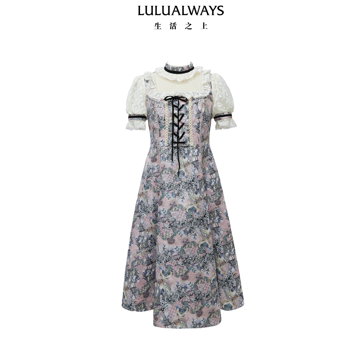 LULUALWAYS我爱露露夏季新款宫廷风设计感绑带中长款连衣裙
