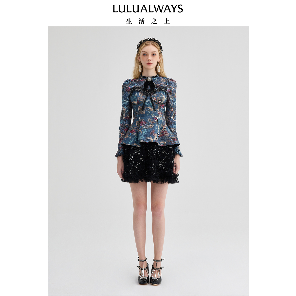 LULUALWAYS【商场同款】25春季新款华丽重工复古拼接印花连衣裙女