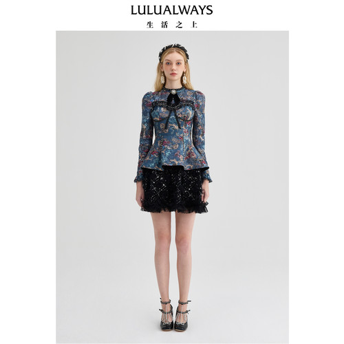 LULUALWAYS【商场同款】华丽重工复古拼接印花连衣裙女