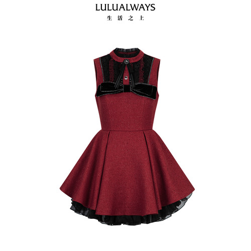 LULUALWAYS我爱露露26春季新款复古红色收腰礼服裙蓬松A字连衣裙