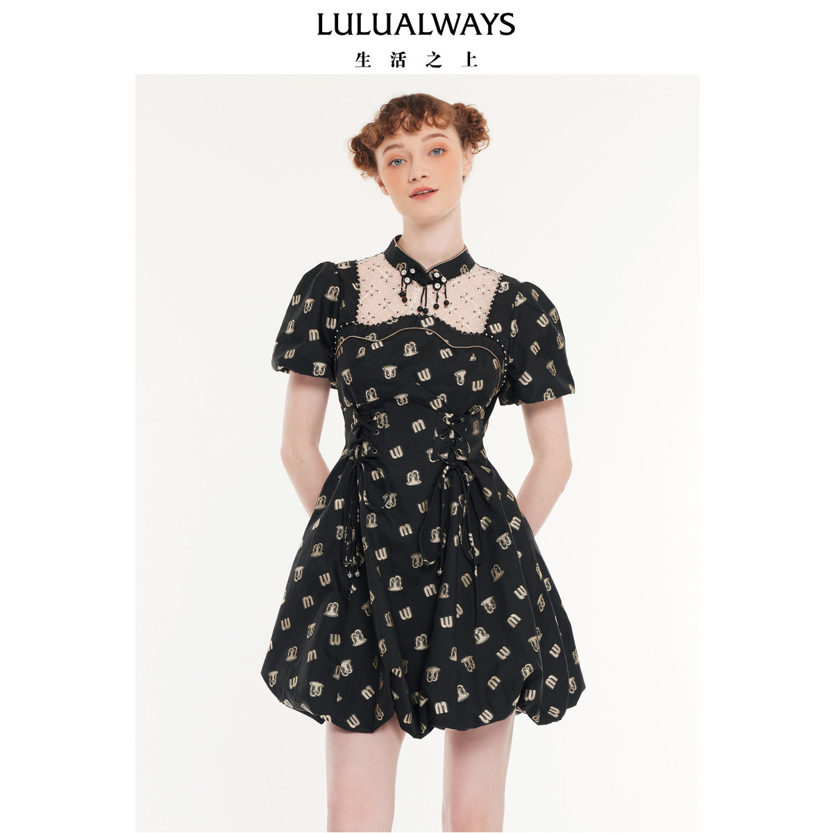 LULUALWAYS【商场同款】秋季新款复古绑带收腰短款连衣裙蓬蓬裙
