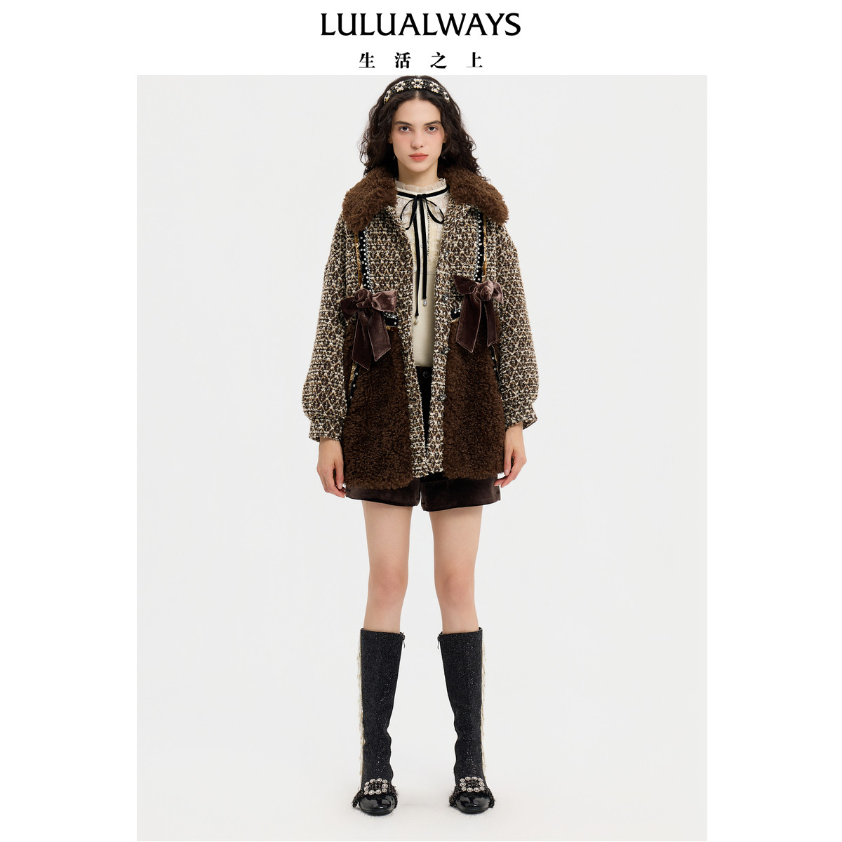 LULUALWAYS【商场同款】25冬季新款复古保暖蝴蝶结厚款中长款外套