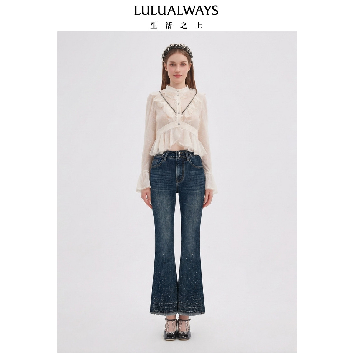 LULUALWAYS我爱露露26春季新款高腰复古时尚钻饰微喇长款牛仔裤女