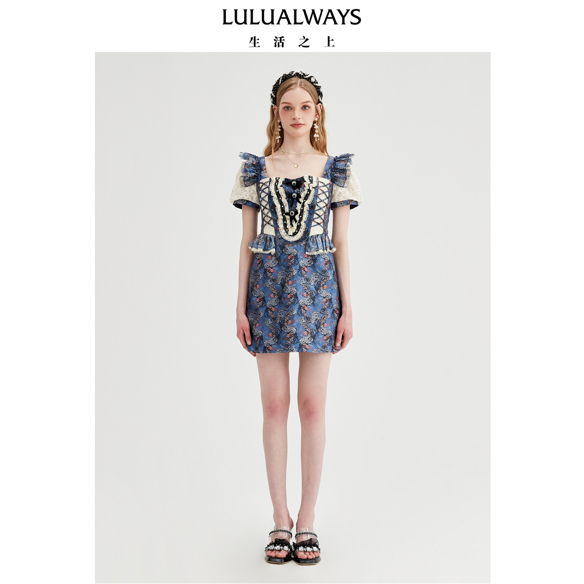 LULUALWAYS【商场同款】夏季新款典雅温婉设计感方领直筒连衣裙