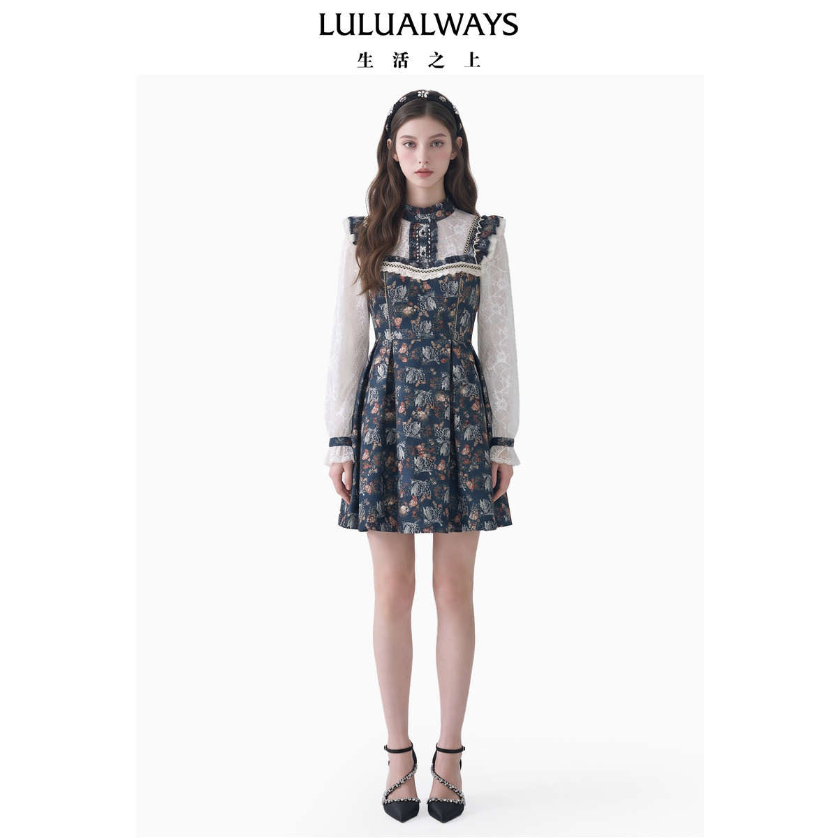 LULUALWAYS我爱露露26冬季新款复古宫廷蕾丝长袖木耳边收腰连衣裙