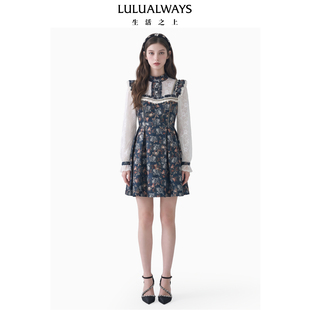 LULUALWAYS我爱露露26冬季新款复古宫廷蕾丝长袖木耳边收腰连衣裙