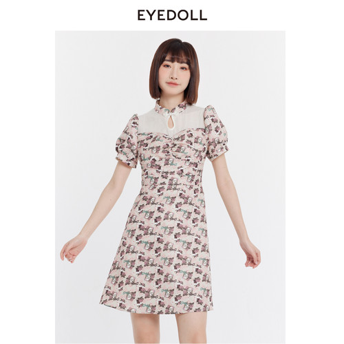 EYEDOLL夏季新款优雅盘扣水滴领印花短款连衣裙