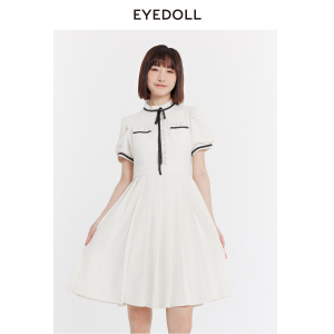 EYEDOLL夏季航海甜美减龄时尚飘带白色百褶连衣裙
