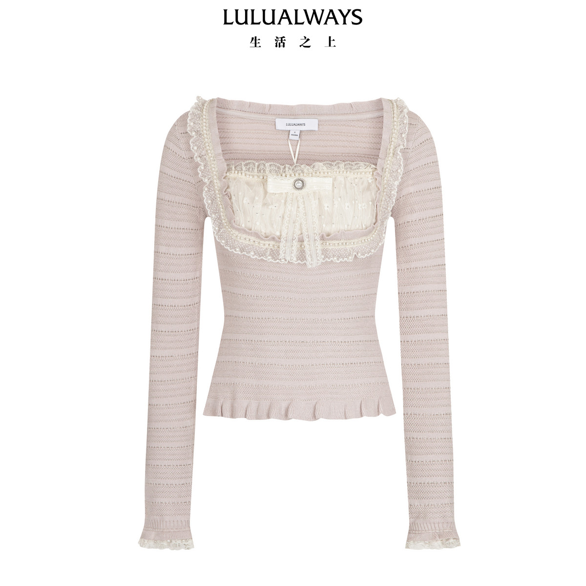 LULUALWAYS【商场同款】26秋季新款法式甜妹蕾丝蝴蝶结针织套头衫