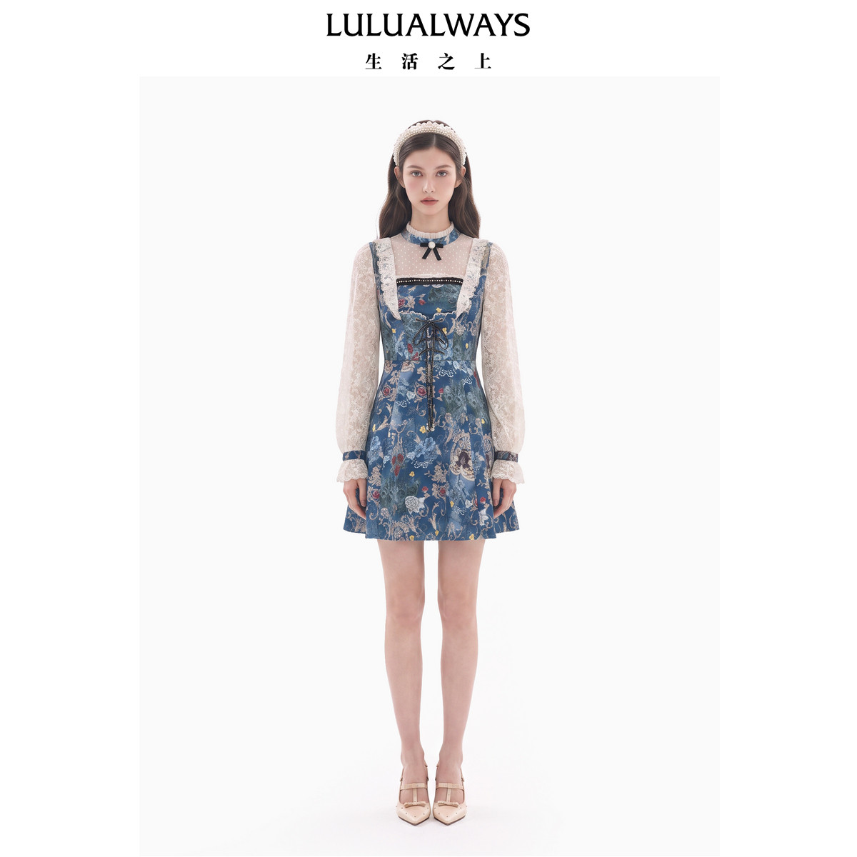 LULUALWAYS我爱露露26冬季新款复古提花藏蓝色蕾丝拼接收腰连衣裙