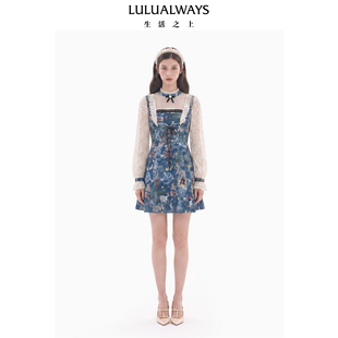 LULUALWAYS我爱露露26冬季新款复古提花藏蓝色蕾丝拼接收腰连衣裙