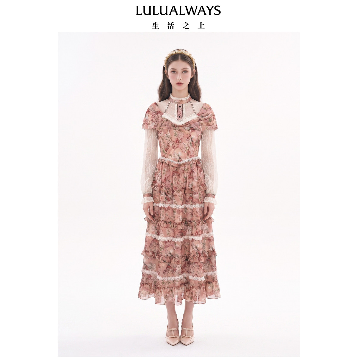 LULUALWAYS我爱露露26秋季新款庄园油画少女复古花卉长款连衣裙